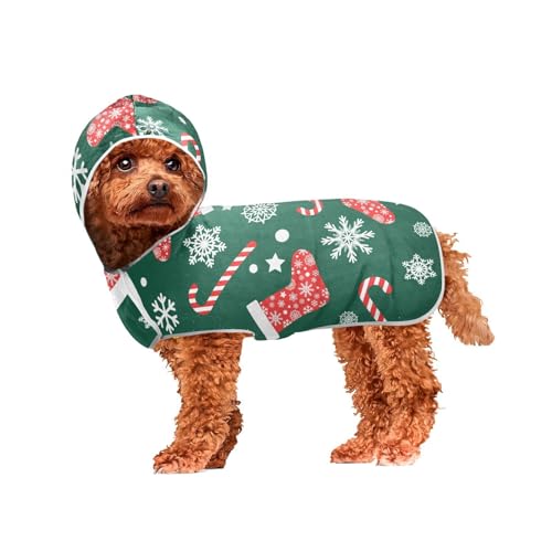 MCHIVER Weihnachtsstrumpf Socken Schnee Hund Badetuch Robe mit Kapuze Schnell trocknend Haustier Bademäntel Verstellbare Hund Trocknen Mäntel Handtücher Wraps für Pool Strand Schwimmen Baden 60 x 65 von MCHIVER