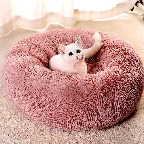 MDDK DY Katzenbett Flauschig Plüsch，Hundekörbchen，Hundekorb Waschbar，Katzenkorb zum schlafen,Hundekissen, Katzenkissen rund,Hundebett für Kleine und Mittel Große Hunde Katzen-60cm Leder Pink von MDDK DY