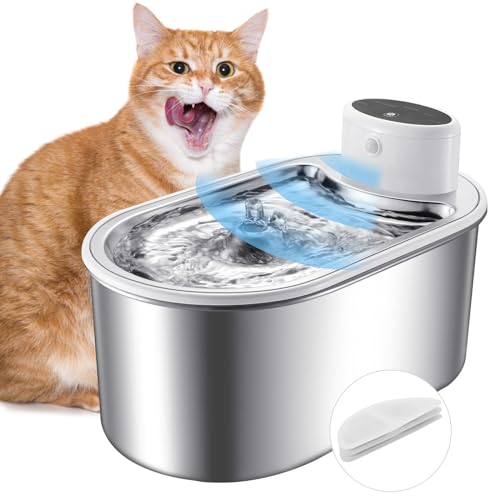 Kabelloser Katzenwasserbrunnen aus Edelstahl, batteriebetrieben, 3 l, automatischer Wasserspender für Katzen im Inneren, 270° Radarsensor und 3 Ersatzfilter von MDEHOPET