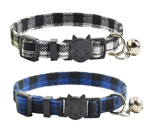 MDENOVO Katzenhalsband mit Glöckchen, niedliches Karomuster, verstellbar, Sicherheits-Halsbänder für Katzen (17,8–27,9 cm, schwarz + blau) von MDENOVO
