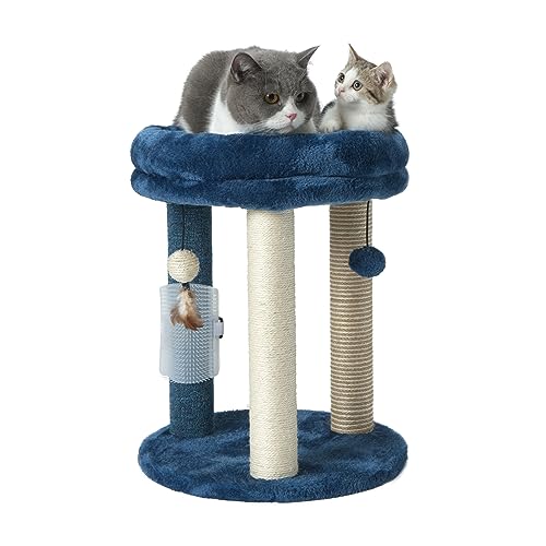 MECOOL Kratzbaum mit Turm, weiches Katzenbett, natürliche Qualität, Sisal, Jute, Kratzbäume mit drei hängenden Ballspielzeugen und Massagebürste für Indoor-Katzen und Kätzchen, Blau von MECOOL