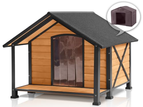 MEDEHOO Hundehütte Outdoor wetterfest mit isoliertem – Großer rundum Eisenrahmen – Tannenholzkonstruktion – ideal für alle Hunderassen (mittel) von MEDEHOO
