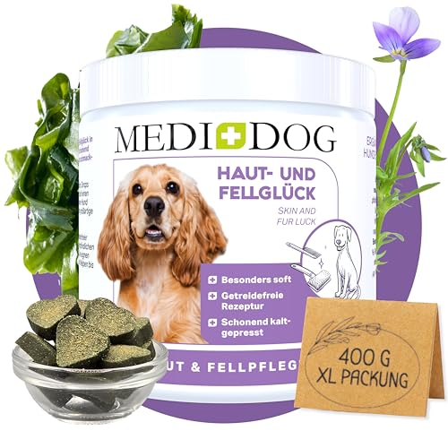 MEDIDOG Haut- und Fellglück - 400g - mit Biotin, Algenöl und Bierhefe, gegen Juckreiz, für gesunde Haut & glänzendes Fell- kaltgepresste Drops, getreidefreie Rezeptur von MEDIDOG