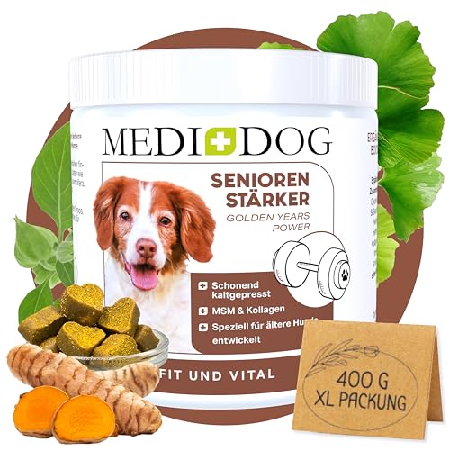 MEDIDOG Seniorenstärker – 400g – 14in1 Kraftpaket - kaltgepresste Drops - ältere Hunde, Unterstützung im Alltag, Gelenktabletten, Magen&Darm, Leber, Anti-Stress, getreidefrei ohne Konservierungsstoffe von MEDIDOG