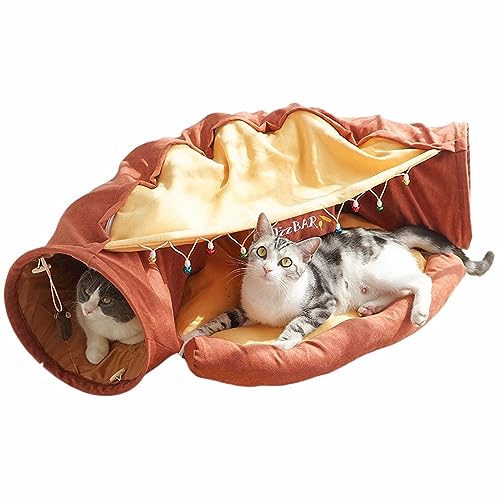 Katzentunnelbett für den Innenbereich, weich, dick, mit Spielzeug für kleine, mittelgroße und große Katzen (orange-rot) von MEET- ORIGIN