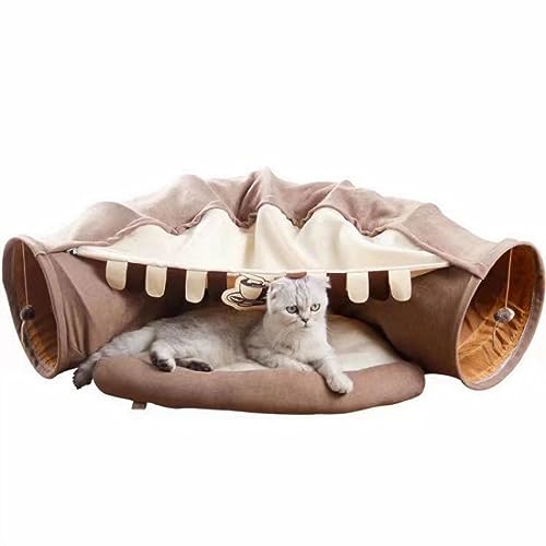 Katzentunnelbett für den Innenbereich, weiches dickes Kissen, mit Spielzeug für kleine, mittelgroße und große Katzen (braun) von MEET- ORIGIN