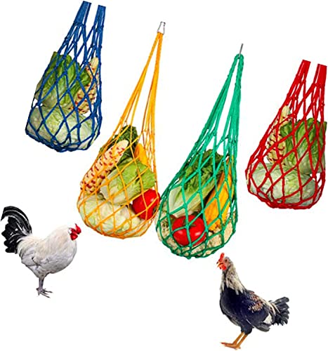 MEGAHERZ Ruiqas Hühner-Futterstation zum Aufhängen, 4 Stück, für Gemüse, Futternetz, Beutel für Leckerli-Fütterung mit Haken für Hahn, Henne und Vögel von MEGAHERZ