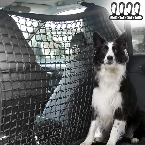 Schutzgitter Auto Barriere Trennnetz: Hundegitter Auto Hundeschutzgitter aus Polypropylen mit 4 Haken, Elastizität Hundegitter für den Kofferraum Doppelschicht Trenngitter Kofferraum Hund 120x90cm von MEGYAD