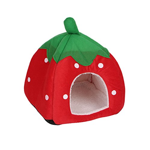 MEIBAOGE Cute Strawberry Haustierbett Hund Katze Kätzchen Puppy Cave Kennel House mit Matte faltbar,Cave House-Rot-L von MEIBAOGE