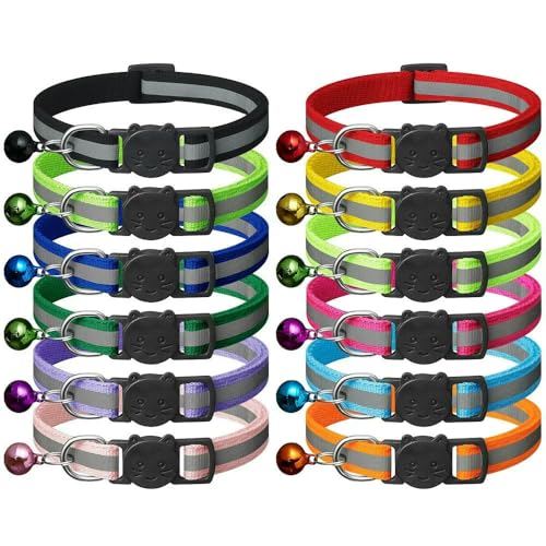 MEIFULLE (12er-Pack) Reflektierende Katzenhalsbänder mit Glöckchen, Sicherheits-Katzenhalsband mit Schnellverschluss, verstellbares Halsband 7,5''-12,5'', Haustierbedarf von MEIFULLE