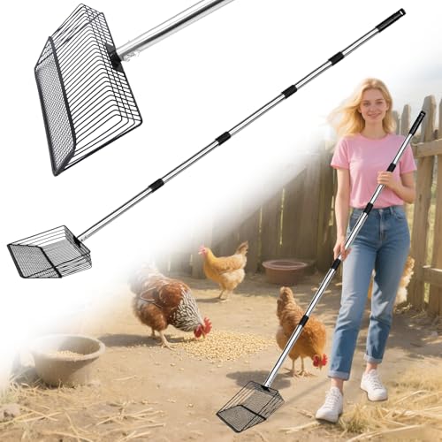Robuste Hühnerstallschaufel und Kotschaufel – Breite Edelstahl-Siebschaufel mit 5-in-1 ausziehbarem Griff für Hühnermist, Strandsand, Katzenstreu und Hundehütten (25,4 cm) von MEIHAOME
