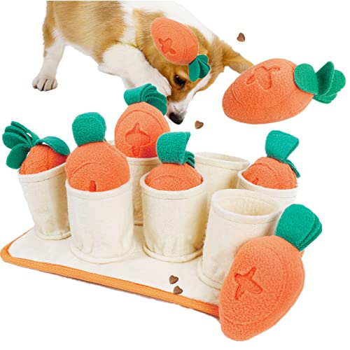 MEIJIEM Puzzle-Spielzeug für Welpen, quietschendes Hundespielzeug, Kauspielzeug für zahnende kleine Hunde mit 8 Karottenquietschern, Plüsch-Hundespielzeug, langsamer Futterspender von MEIJIEM