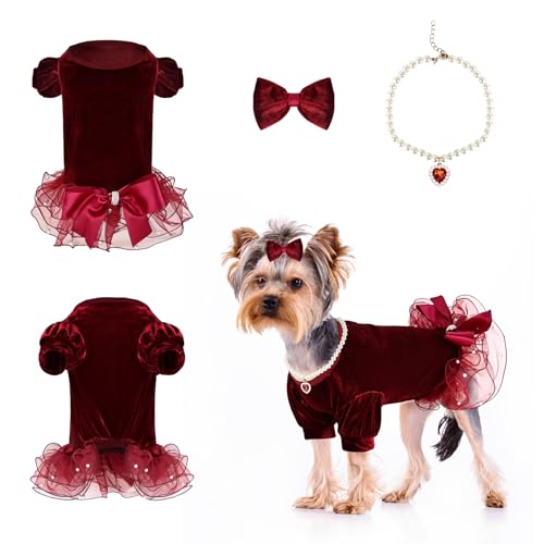 Hundekleid für kleine Hunde, Mädchen, Welpen, Weihnachtsoutfit für Hunde, Tüll, Frühlingskleidung mit Perle und Schleife, Burgunderrot, Größe L von MEIKLE