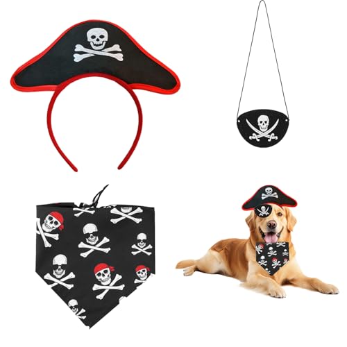 MEISH 3-teiliges Halloween-Piraten-Kapitänskostüm, Hunde-Kapitänshut, Stirnband, Piratenschädel, Bandana, Augenbinde, lustiges Halloween-Outfit-Zubehör für Hunde und Katzen von MEISH