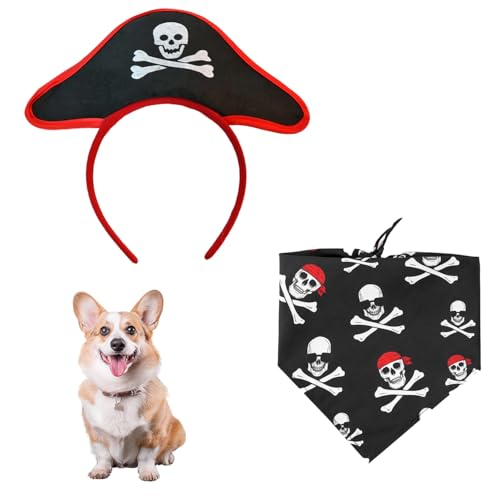 MEISH Piratenkapitän Hundekostüm, Piratenkapitän, Stirnband, Hunde-Totenkopf-Bandana, Cosplay, Party, tägliches Tragen, Zubehör für Halloween, 2 Stück von MEISH