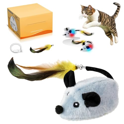 Katzenspielzeug Maus Elektrisch,Magic Maus Katze,Spielzeugmäuse für Katzen,Katzenspielzeug Selbstbeschäftigung,Katzen Interaktives Spielzeug mit Federschwanz,LED Licht,Realistische Mausgeräusche von MEISHANG