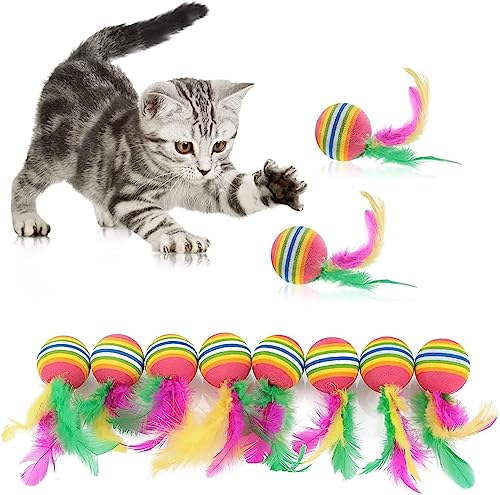 MEISO 10 Stück Katzenspielzeug, Bälle mit Feder, Regenbogen-Katzenbälle, Spielzeug, interaktives Kätzchenspielzeug, bunte Bälle für den Innenbereich, Kätzchen, Kautraining, Jagd von MEISO