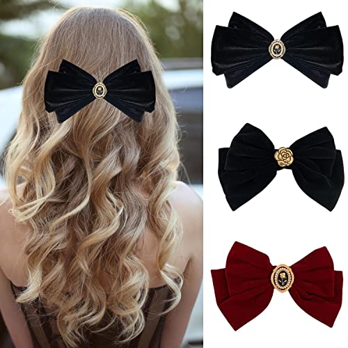 MEISO 3 Stück Haarschleife, Hair Accessories, Haarklammern, Haarspangen Damen, Große Samtschleifenspange Vintage Französische Haarspangen für Frauen und Mädchen (Rot, Schwarz) von MEISO