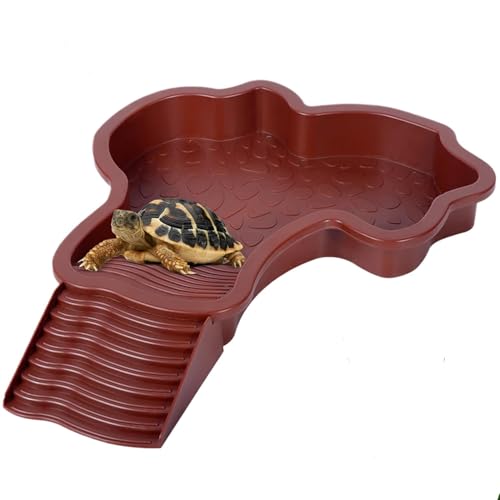 MEISO Schildkröten-Tränke, Wasserschale für Schwimmschildkröten, mit Rampe, Wasserschale für Reptilien mit Leiter, Futterstation für Schildkröten, Eidechsen und Gecko (Rotbraun) von MEISO