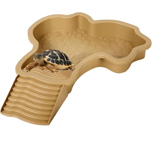 MEISO Schildkröten-Tränke, Wasserschale für Schwimmschildkröten, mit Rampe, Wasserschale für Reptilien mit Leiter, Futterstation für Schildkröten, Eidechsen und Gecko (braun) von MEISO