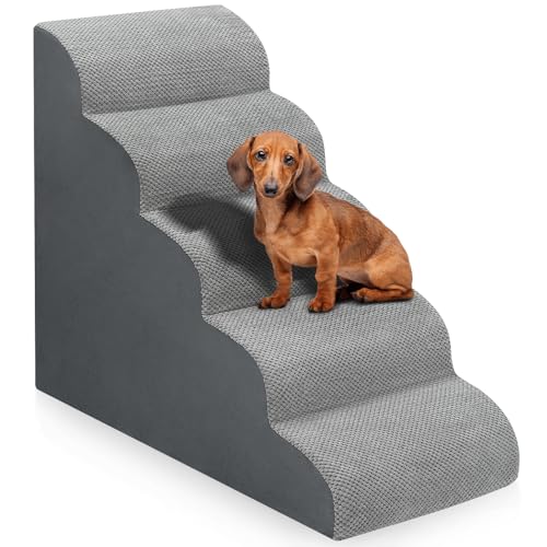 Hundetreppe für Bett, 72 cm hoch, 5-stufige Hunderampe, rutschfest, stabile Haustiertreppe für kleine Hunde und Katzen, um auf Hochbett oder Couch zu steigen, Grau Hundetreppe für Bett, 72 cm hoch, 5-stufige Hunderampe, rutschfest, stabile Haustiertreppe für kleine Hunde und Katzen, um auf Hochbett oder Couch zu steigen, Grau von MEJYJEM