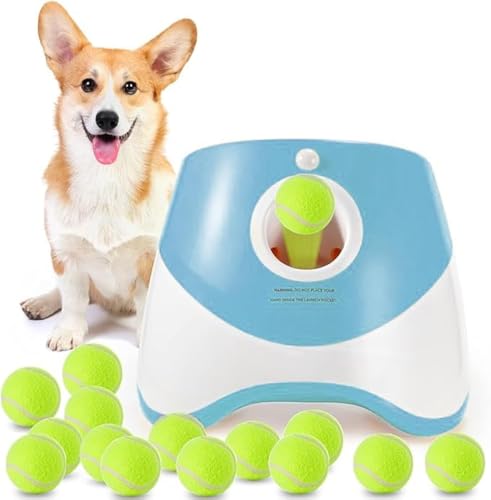 MEKAPLE Automatischer Ballwerfer für Hunde, Ballwerfer mit 3 Startdistanzen, interaktives Spielzeug für kleine Hunde, drinnen und draußen, 15 Mini-Tennisbälle (5,1 cm), Blau von MEKAPLE