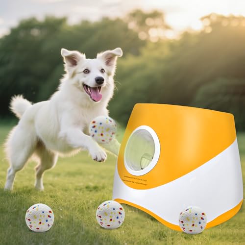 MEKAPLE Automatischer Hundeballwerfer für kleine bis mittelgroße Hunde, verbessertes interaktives Spielzeug, Bälle, Werfer, Distanz, verstellbar, geistig stimulierendes Hundespielzeug mit 4 von MEKAPLE