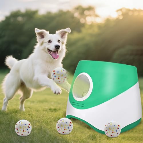 MEKAPLE Automatischer Hundeballwerfer für kleine bis mittelgroße Hunde, verbessertes interaktives Spielzeug, Bälle, Werfer, Distanz, verstellbar, geistig stimulierendes Hundespielzeug mit 4 von MEKAPLE