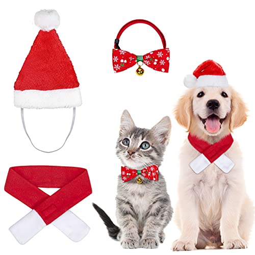 3 Stück Weihnachten Katzenkostüm Hundekostüm mit Weihnachtsmütze Fliege Halsband Halstuch, Haustier Weihnachtskleidung Hunde Katzen Kostüm Zubehör Set von MELLIEX