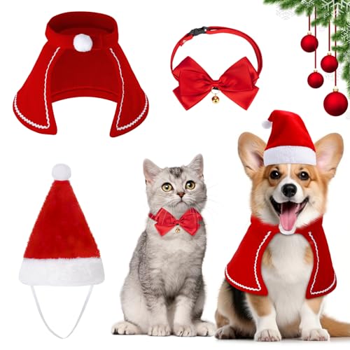 MELLIEX 3 Stück Weihnachten Katzenkostüm Hundekostüm, Katzen Hunde Weihnachtsmütze Mantel Fliege Halsband, Weihnachtskostüm Zubehör Set für Haustier von MELLIEX