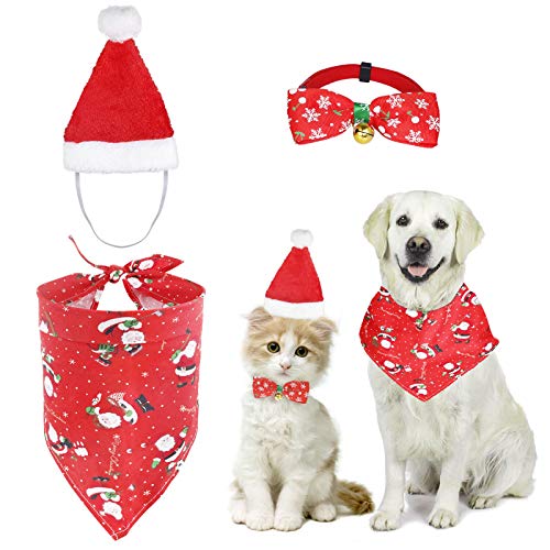 3 Stück Weihnachten Katzenkostüm Hundekostüm mit Weihnachtsmütze Fliege Halsband Halstuch, Hunde Katzen Kostüm Zubehör Set von MELLIEX