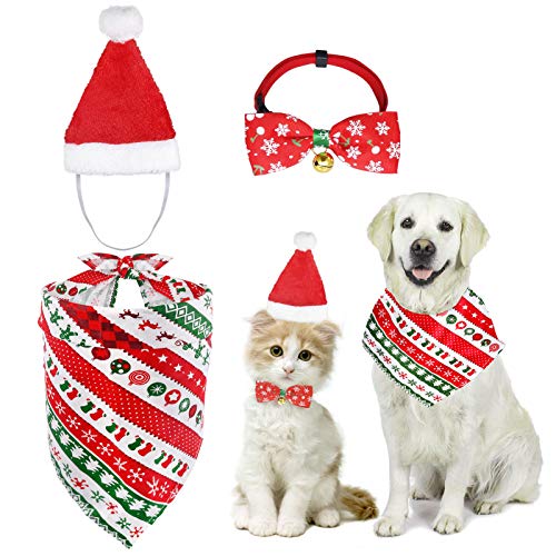 MELLIEX 3 Stück Weihnachten Katzenkostüm Hundekostüm mit Weihnachtsmütze Fliege Halsband Halstuch, Hunde Katzen Kostüm Zubehör Set von MELLIEX