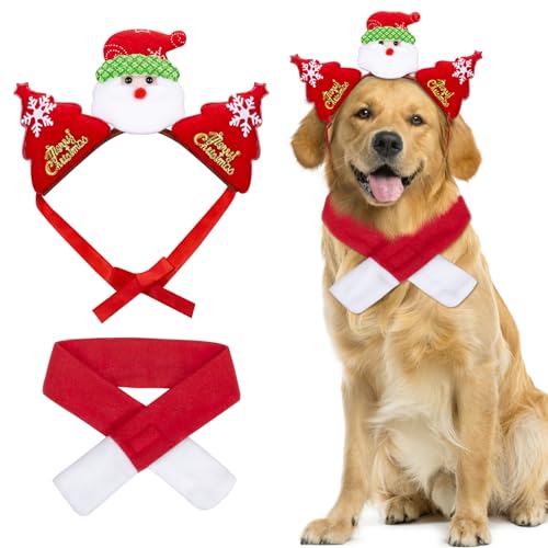 MELLIEX 2 Stück Hunde Weihnachtskostüm, Weihnachten Weihnachtsmann Stirnband und Schal Set Weihnachtsoutfit für Kleine Hund Katze Haustier von MELLIEX