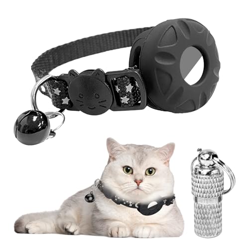 1 Stück Katzen-Sicherheitshalsband mit 1 Stück Anti-Verlust-Tag, Air-Tag-Katzenhalsband, Haustier-Air-Tag-Halsband, reflektierendes Katzenhalsband, Katzenhalsband mit Glocke (schwarz) von MEMOFYND