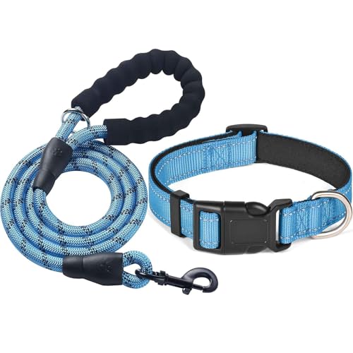 MENGTEQI Reflektierendes Hundehalsband, verstellbare Größe, atmungsaktives und verschleißfestes Material, geeignet für kleine, mittelgroße und große Hunde. (Blau, M) von MENGTEQI
