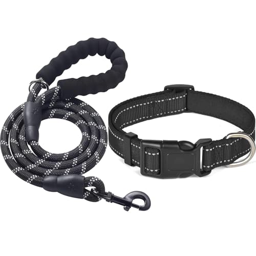 MENGTEQI Reflektierendes Hundehalsband, verstellbare Größe, atmungsaktives und verschleißfestes Material, geeignet für kleine, mittlere und große Hunde. (schwarz, M) von MENGTEQI