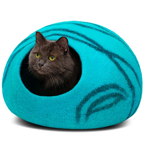 MEOWFIA Katzenbett Höhle – Umweltfreundliche Betten aus 100% Merinowolle für Katzen und Kätzchen (M, Aquamarineblau) von MEOWFIA