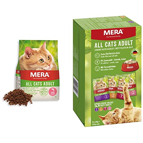 MERA Cats All Cats Lachs, Trockenfutter für ausgewachsene Katzen, getreidefrei & nachhaltig, mit hohem Fleischanteil, 2 kg & MERA Cats Adult Nassfutter Multibox, Huhn, Rind, Ente und Lachs, 12 x 85 g von MERA The Petfood Family