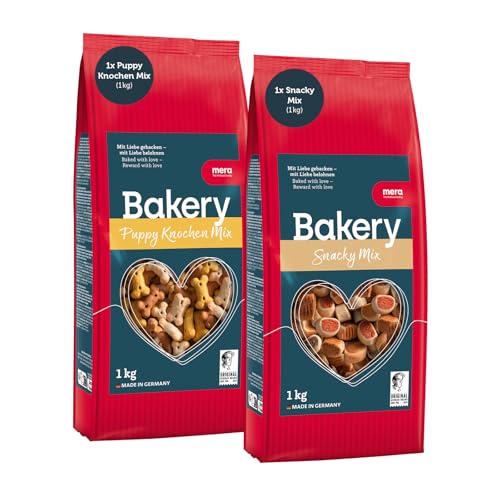 MERA Bakery Snacky + Puppy Knochen Mix (je 1kg), Leckerli Hund & Hundekekse für Training & Belohnung | schonend gebackene Hundeleckerli | fettarme Hunde Leckerlis aus natürlichen Zutaten | Dog Treats von MERA