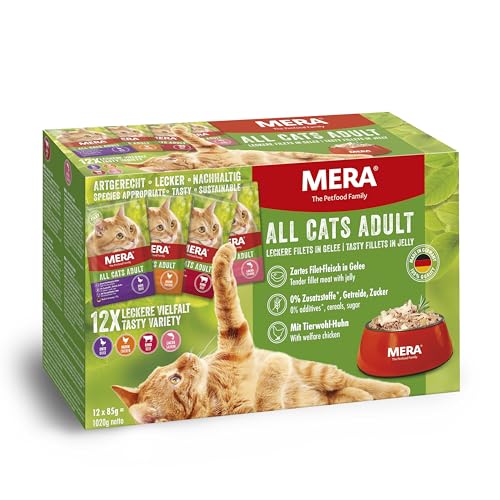 MERA Cats Adult Nassfutter Multibox, für ausgewachsene Katzen, getreidefrei und nachhaltig, Katzenfutter mit hohem Fleischanteil aus Huhn, Rind, Ente und Lachs, 12 x 85 g von MERA