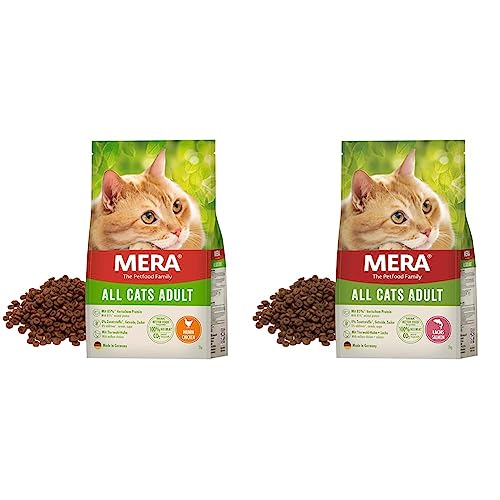 MERA Cats All Cats Adult Huhn - Trockenfutter für ausgewachsene Katzen - getreidefrei & nachhaltig - 10 kg & Cats All Cats Adult Lachs - Trockenfutter für ausgewachsene Katzen von MERA
