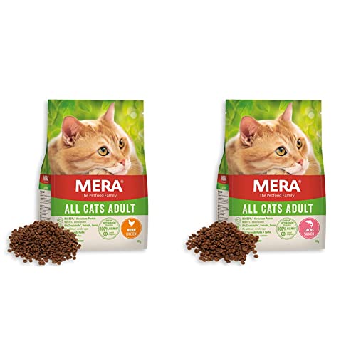 MERA Cats All Cats Adult Huhn - Trockenfutter für ausgewachsene Katzen - getreidefrei & nachhaltig - Katzentrockenfutter mit hohem Fleischanteil, 10 kg & MERA Cats All Cats Lachs, Trockenfutter, 2 kg von MERA