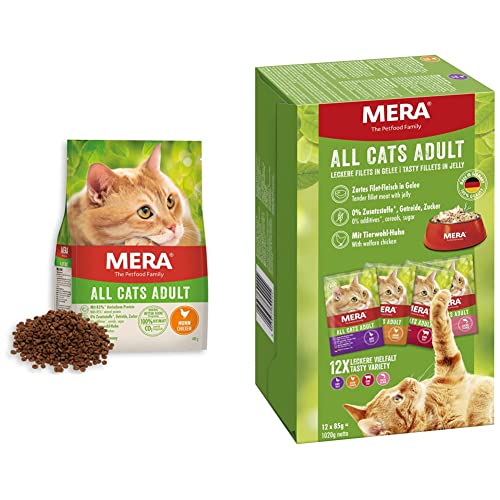 MERA Cats All Cats Adult Huhn - Trockenfutter für ausgewachsene Katzen - getreidefrei & nachhaltig - mit hohem Fleischanteil, 10kg & Cats Adult Nassfutter Multibox, Huhn, Rind, Ente und Lachs, 12x85 g von MERA