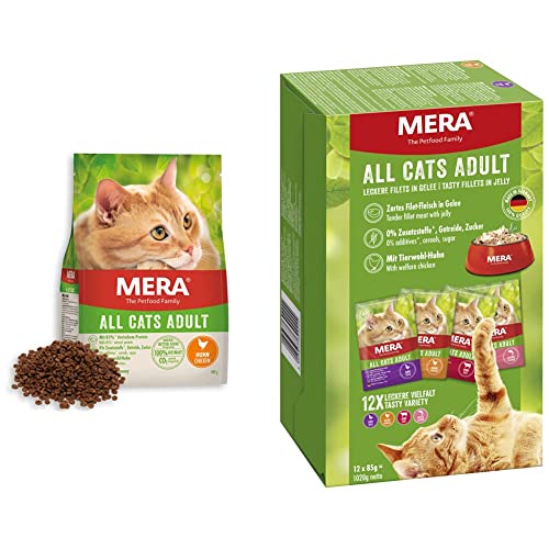 MERA Cats All Adult Huhn - Trockenfutter für Ausgewachsene Katzen - Getreidefrei & Nachhaltig - Mit Hohem Fleischanteil, 10kg & Adult Nassfutter Multibox, Huhn, Rind, Ente und Lachs, 12x85 g MERA Cats All Adult Huhn - Trockenfutter für Ausgewachsene Katzen - Getreidefrei & Nachhaltig - Mit Hohem Fleischanteil, 10kg & Adult Nassfutter Multibox, Huhn, Rind, Ente und Lachs, 12x85 g von MERA