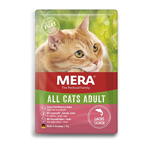 mera Cats Adult Lachs, Nassfutter für ausgewachsene Katzen, getreidefrei und nachhaltig, Katzenfutter mit hohem Fleischanteil, 12 x 85 g von MERA The Petfood Family