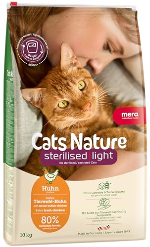 MERA Cats Nature Sterilised/Light Huhn Katzenfutter Trocken 10kg | Für sterilisierte/kastrierte Katzen | Getreidefrei & zuckerfrei | fettarmes Katzen Trockenfutter hoher Fleischanteil von MERA