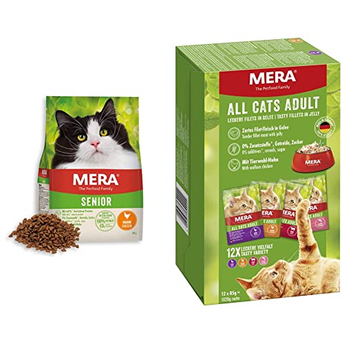 MERA Cats Senior Huhn, Trockenfutter für Sensible Katzen, getreidefrei & nachhaltig, 2 kg & Cats Adult Nassfutter Multibox, für ausgewachsene Katzen, Huhn, Rind, Ente und Lachs, 12 x 85 g von MERA