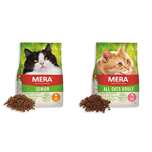 MERA Cats Senior Huhn, Trockenfutter für Sensible Katzen, getreidefrei & nachhaltig, mit hohem Fleischanteil, 2 kg & MERA Cats All Cats Lachs, Trockenfutter, getreidefrei & nachhaltig, 2 kg von MERA