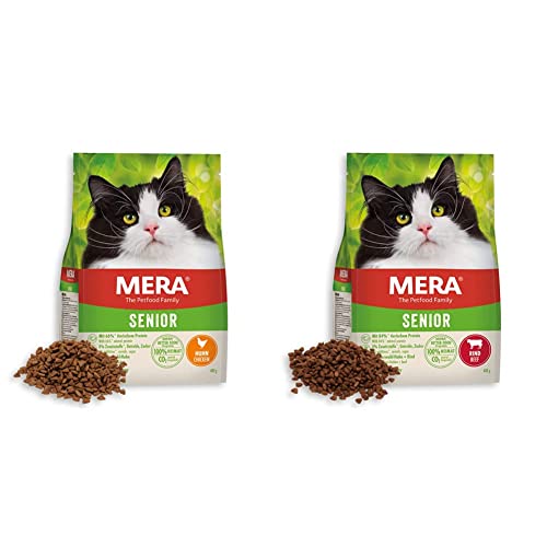 MERA Cats Senior Huhn, Trockenfutter für Sensible Katzen, getreidefrei & nachhaltig, mit hohem Fleischanteil, 2kg & Cats Senior Rind, Trockenfutter für Sensible Katzen, getreidefrei & nachhaltig, 2kg von MERA