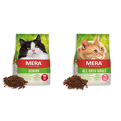 MERA Cats Senior Rind, Trockenfutter für Sensible Katzen, getreidefrei & nachhaltig, mit hohem Fleischanteil, 2 kg & MERA Cats All Cats Lachs, Trockenfutter, getreidefrei & nachhaltig, 2 kg von MERA